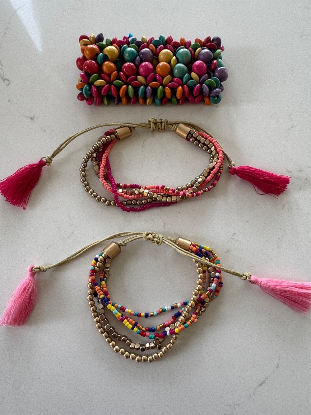 Multicolor Beaded Layered Bracelets with Pink Tassels - Women Jewelry set of 3